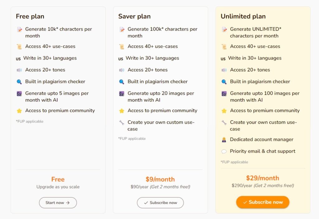 Rytr plan tarifaire, Prix abonnement
