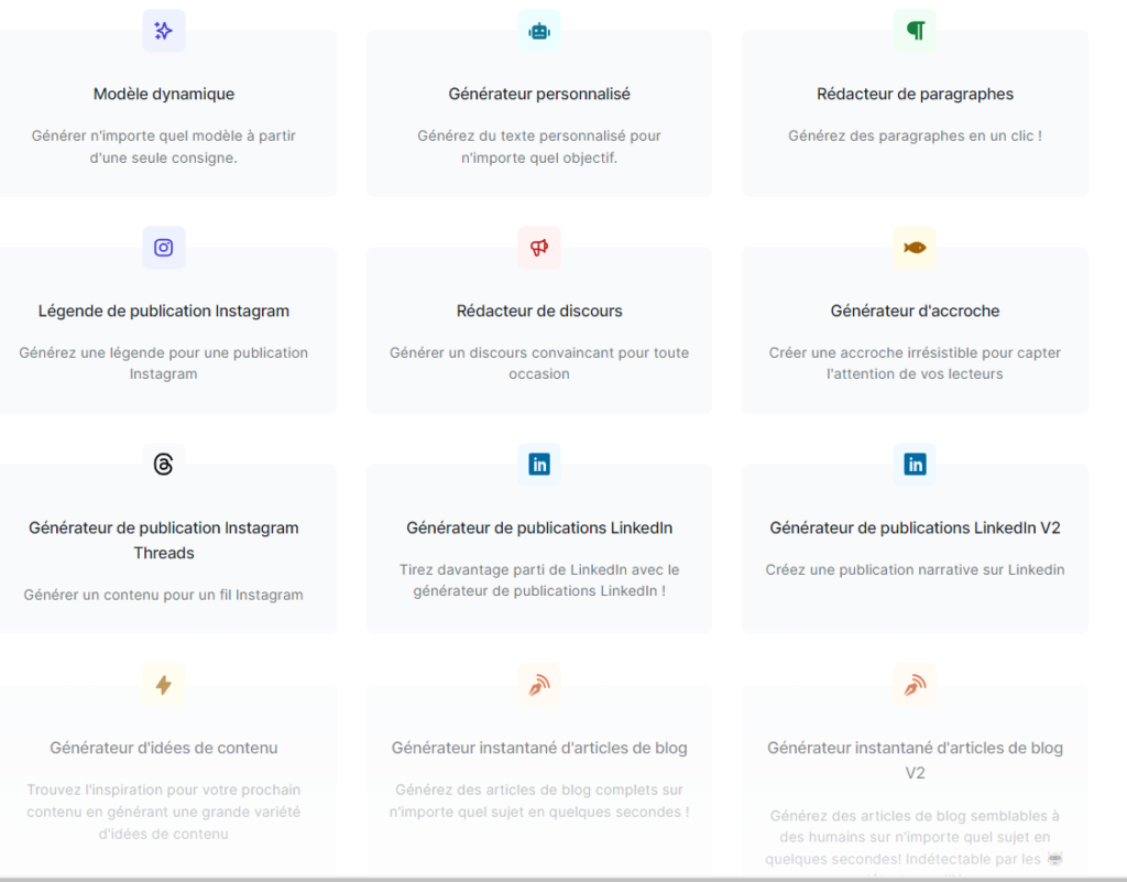 Modèles prédéfinis dans Easy.Peasy.ai