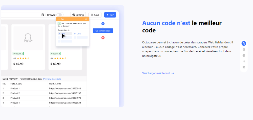 Les différentes fonctionnalités de Octoparse