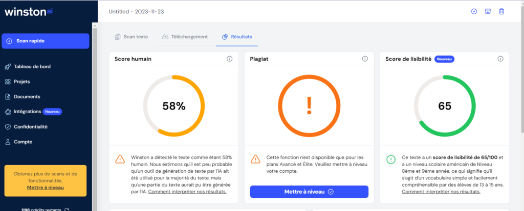 Resultat test après repasse du conteu chatgpt avec Undetectable