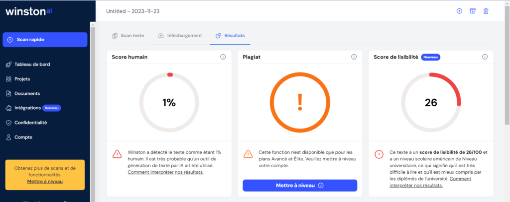 Resultat test détection IA avec Winston AI