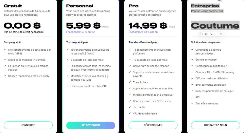 Les plans tarifaires proposés par Loudly 